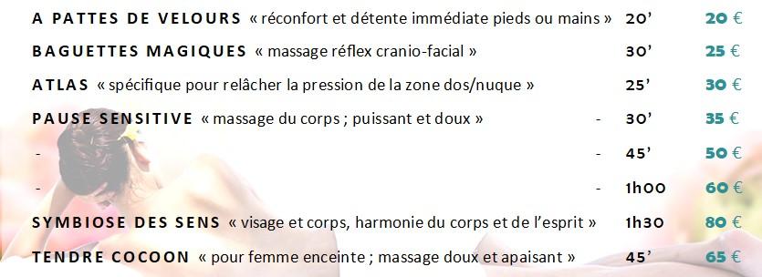 Carte des soins massage